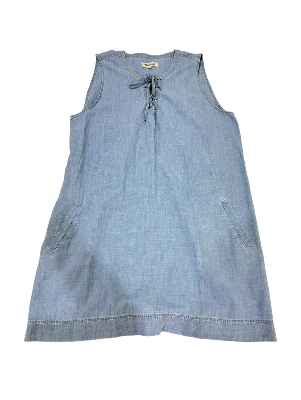 Madewell Lace-Up Boho Chambray Coastal Shift Dress Light Wash Blue XL - Picture 2 of 9
